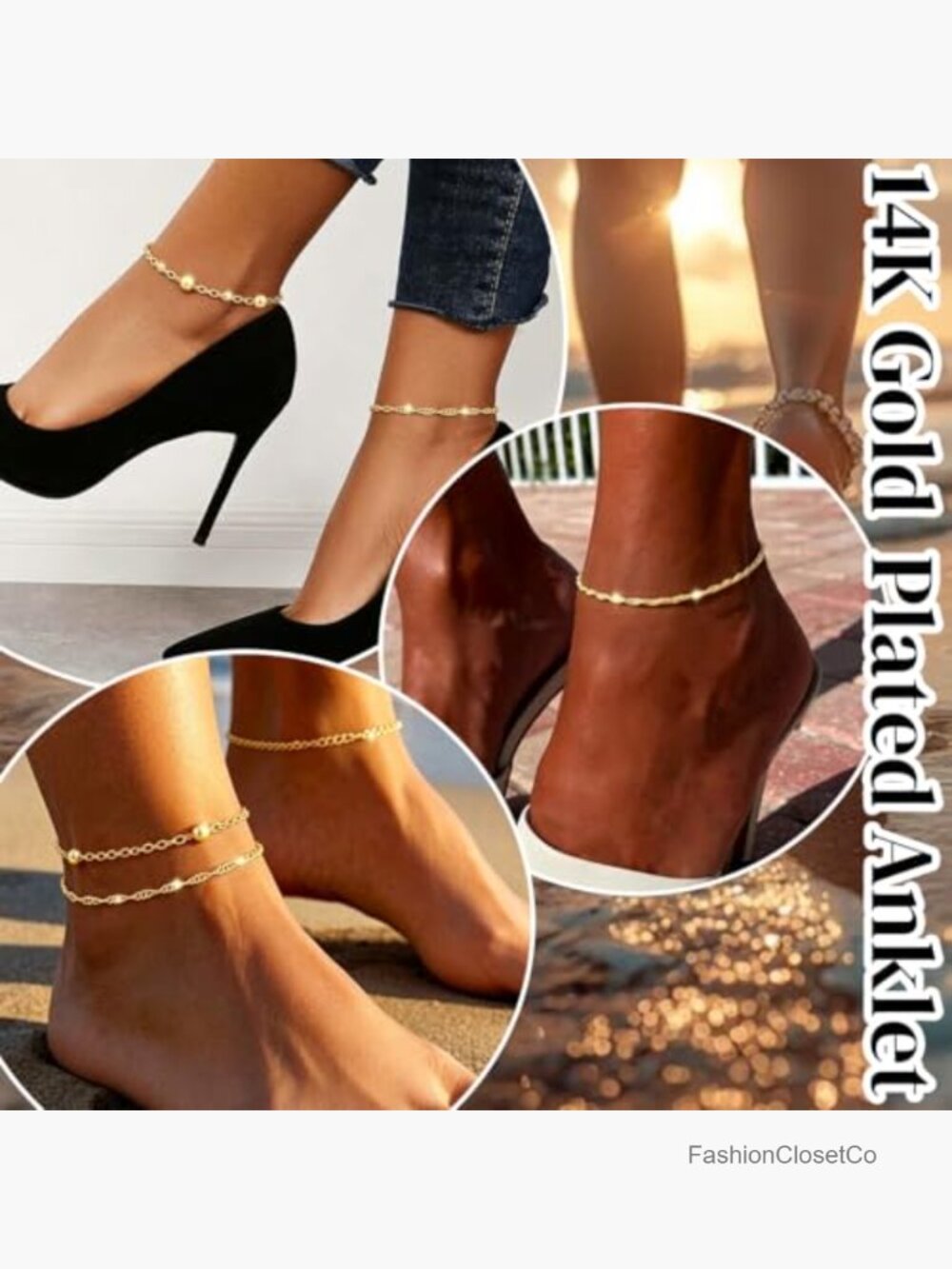 925 Sterling Silver 14K Gold Dainty Layered Anklets Set - Picture 3 of 7
